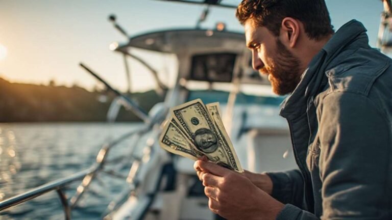 Boat buyer reviewing boat loan down payment options at marina